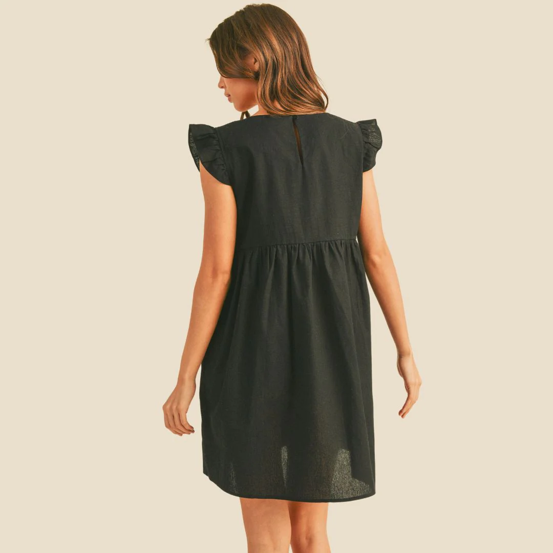 Ruffled Sleeve Pleat Detail Babydoll Dress (Black) - Image 2