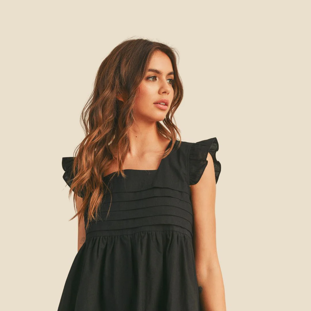 Ruffled Sleeve Pleat Detail Babydoll Dress (Black) - Image 3