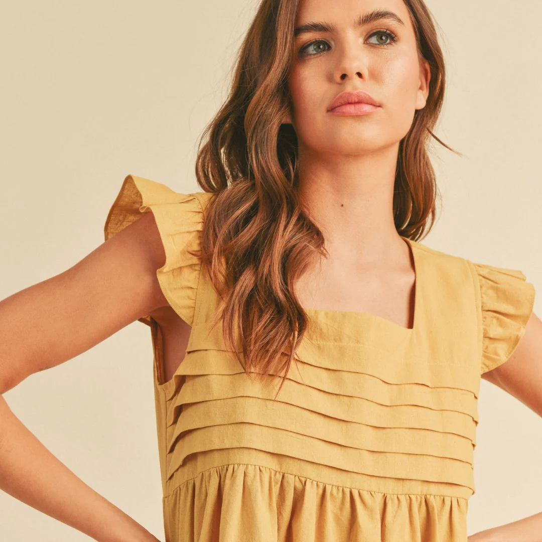 Ruffled Sleeve Pleat Detail Babydoll Dress (Lemon Grass) - Image 2