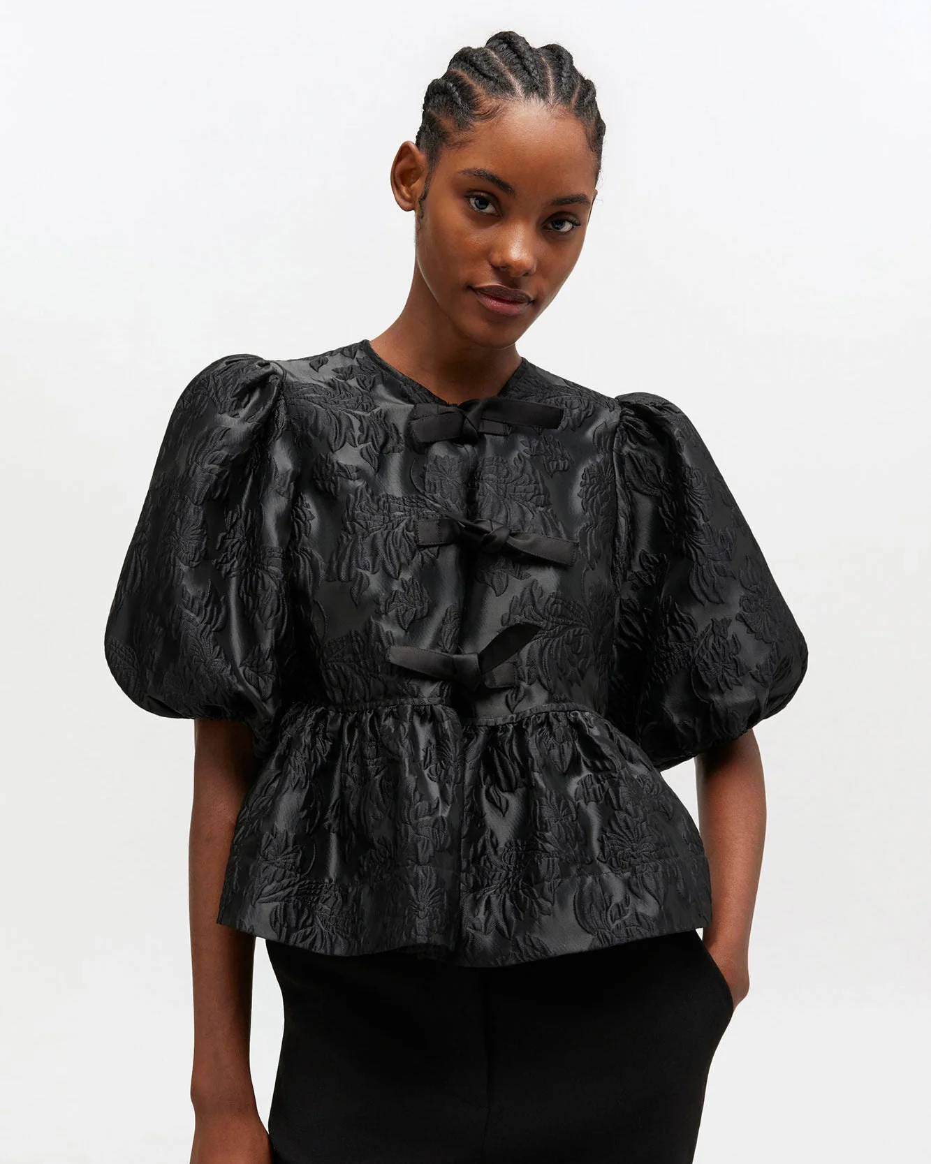 Satin Peplum Tie Blouse (Black)