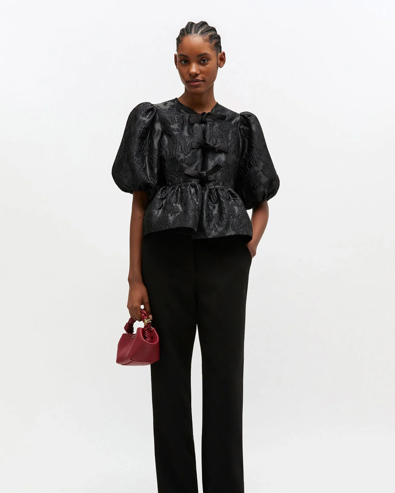 Satin Peplum Tie Blouse (Black) - Image 2
