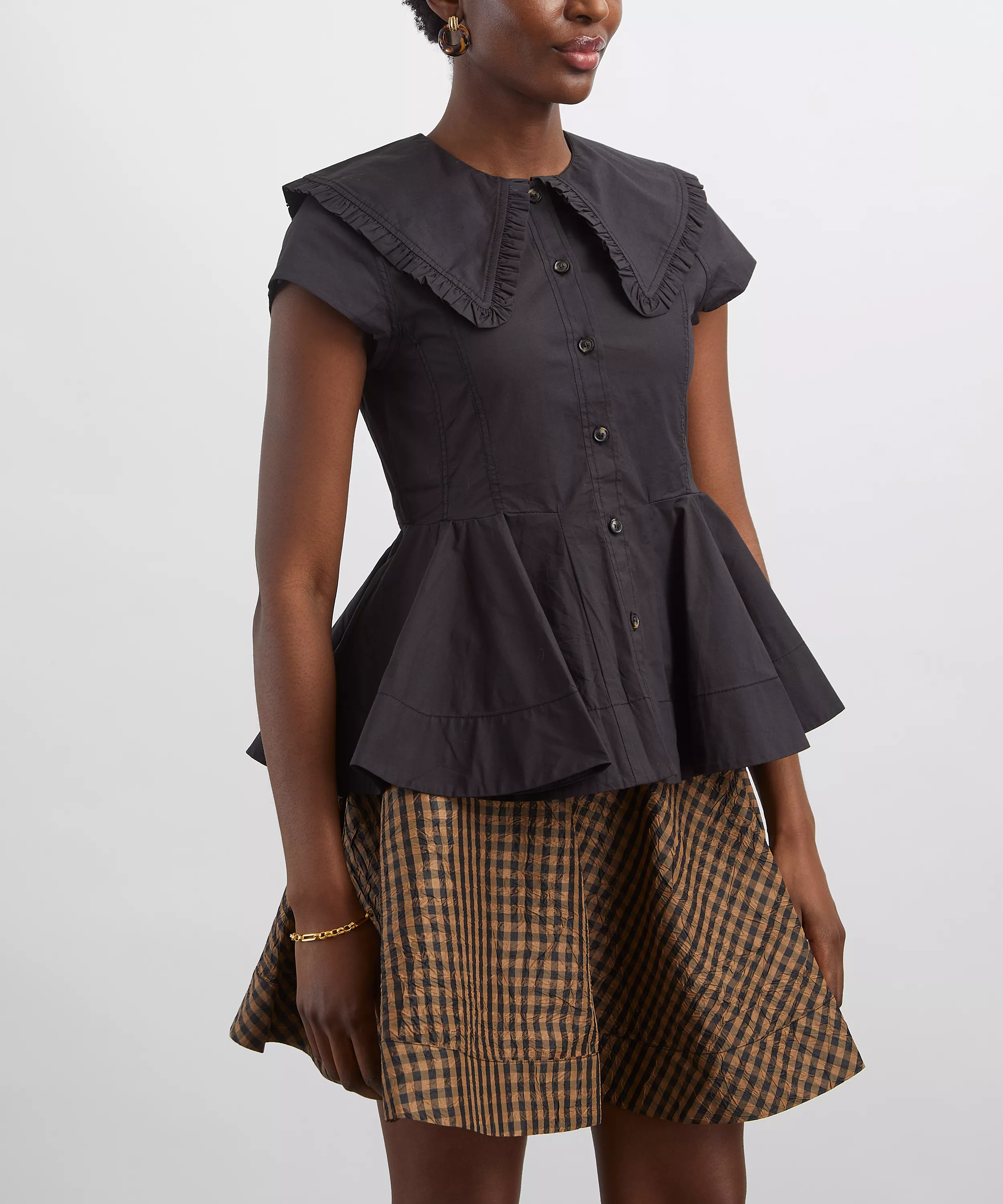 Short Cotton Ruffle Shirt (Black)