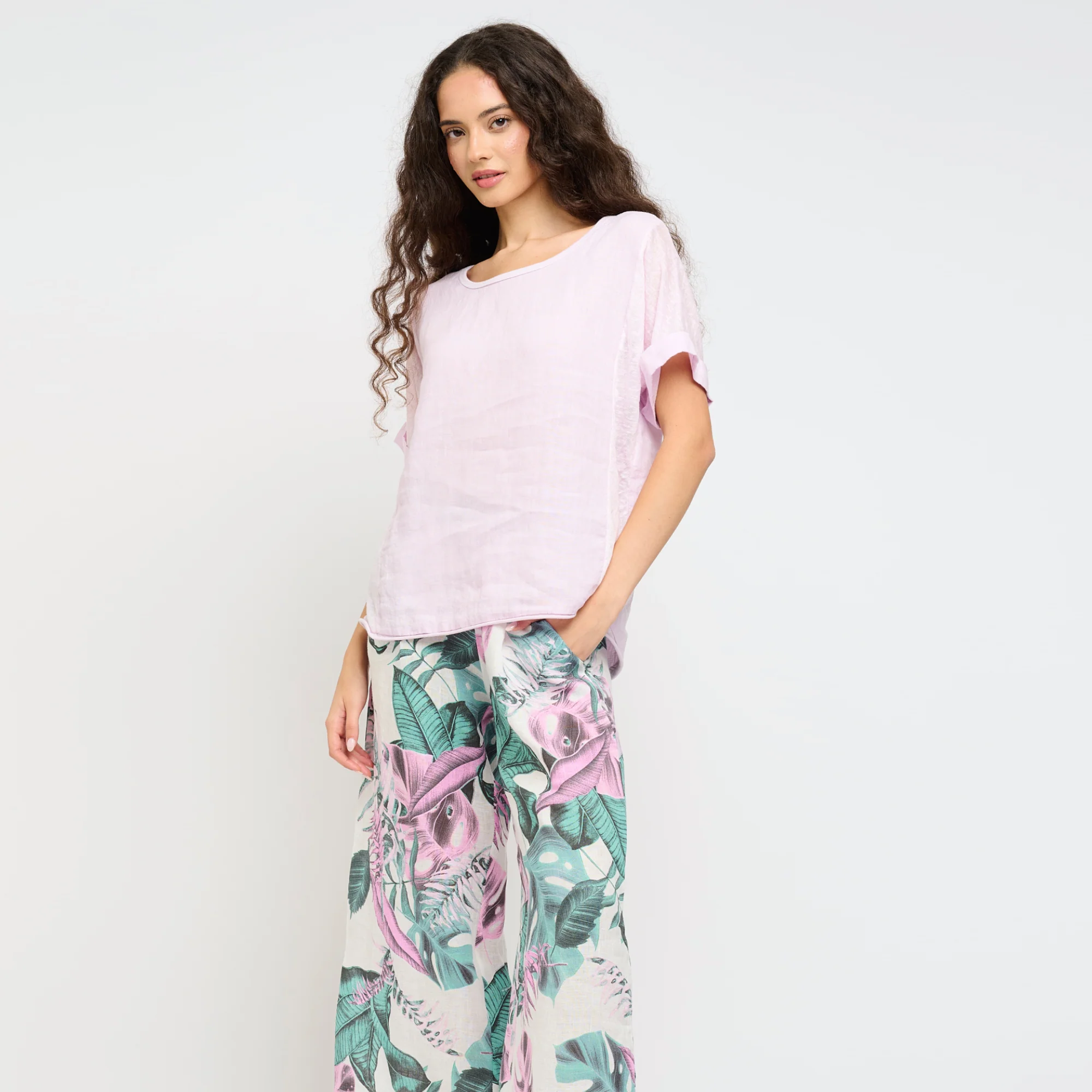 Short Sleeve Crewneck Linen and Woven Top