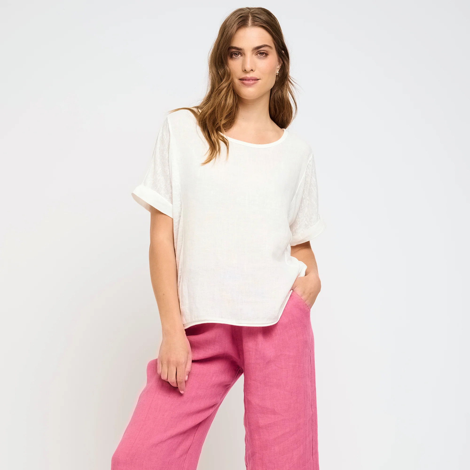 Short Sleeve Crewneck Linen and Woven Top - Image 2