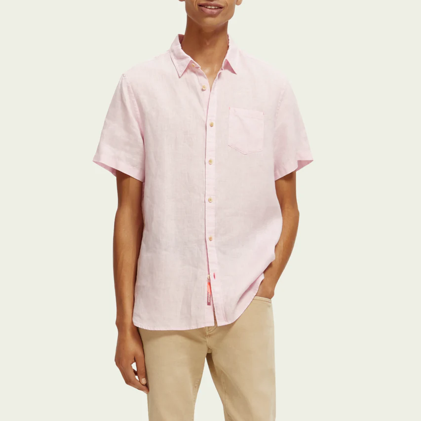 Short-Sleeved Pocketed Linen Shirt (Pink)