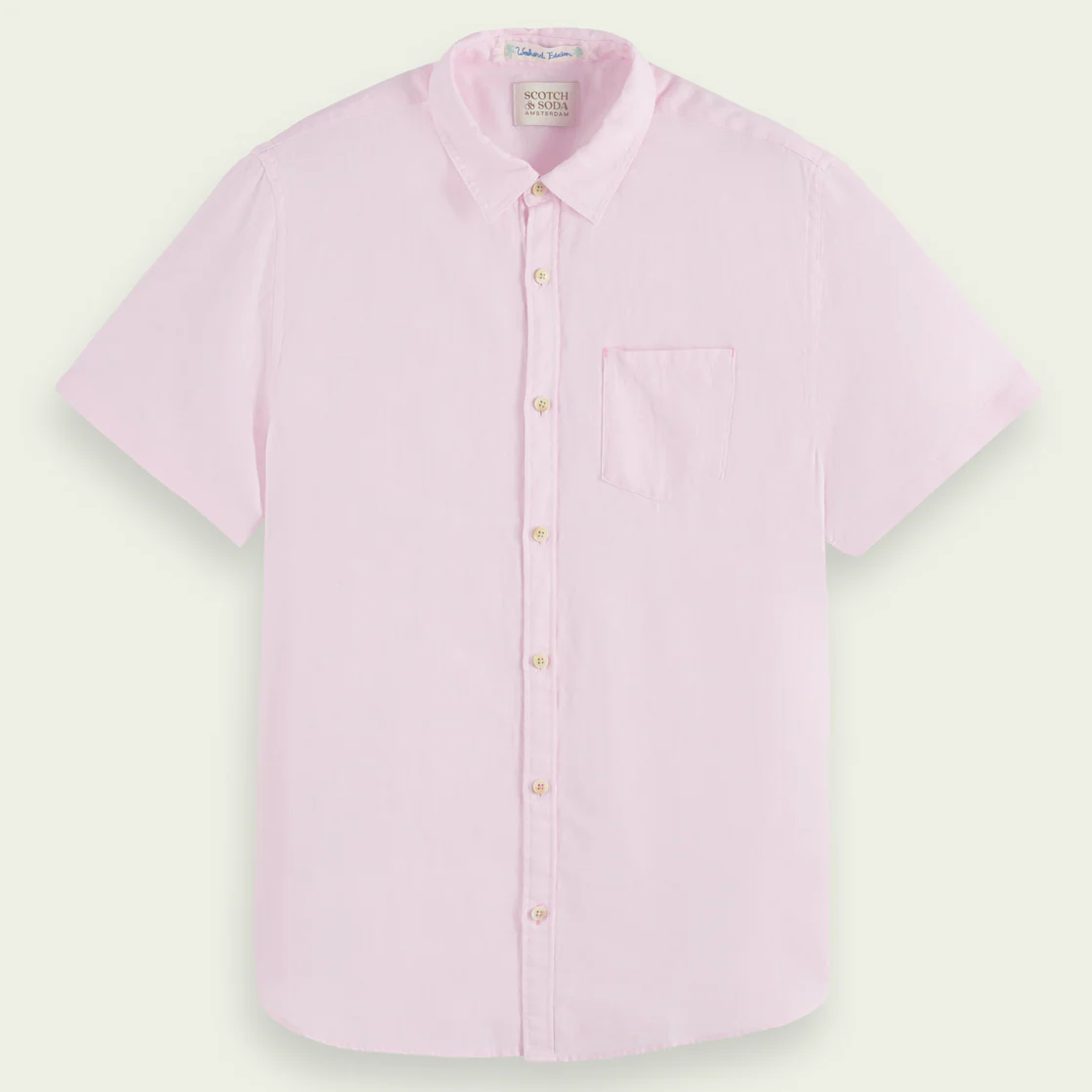 Short-Sleeved Pocketed Linen Shirt (Pink) - Image 3