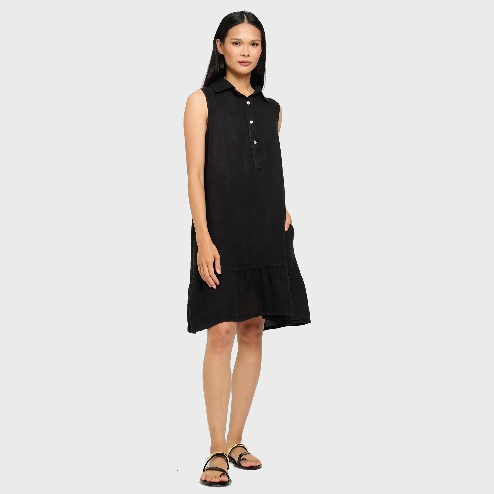 Sleeveless Linen Flared Shirt Dress (Black)