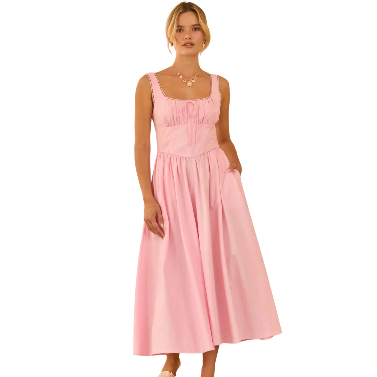 Sleeveless Square Neck Princess-Waist Midi Dress (Strawberry Milk)