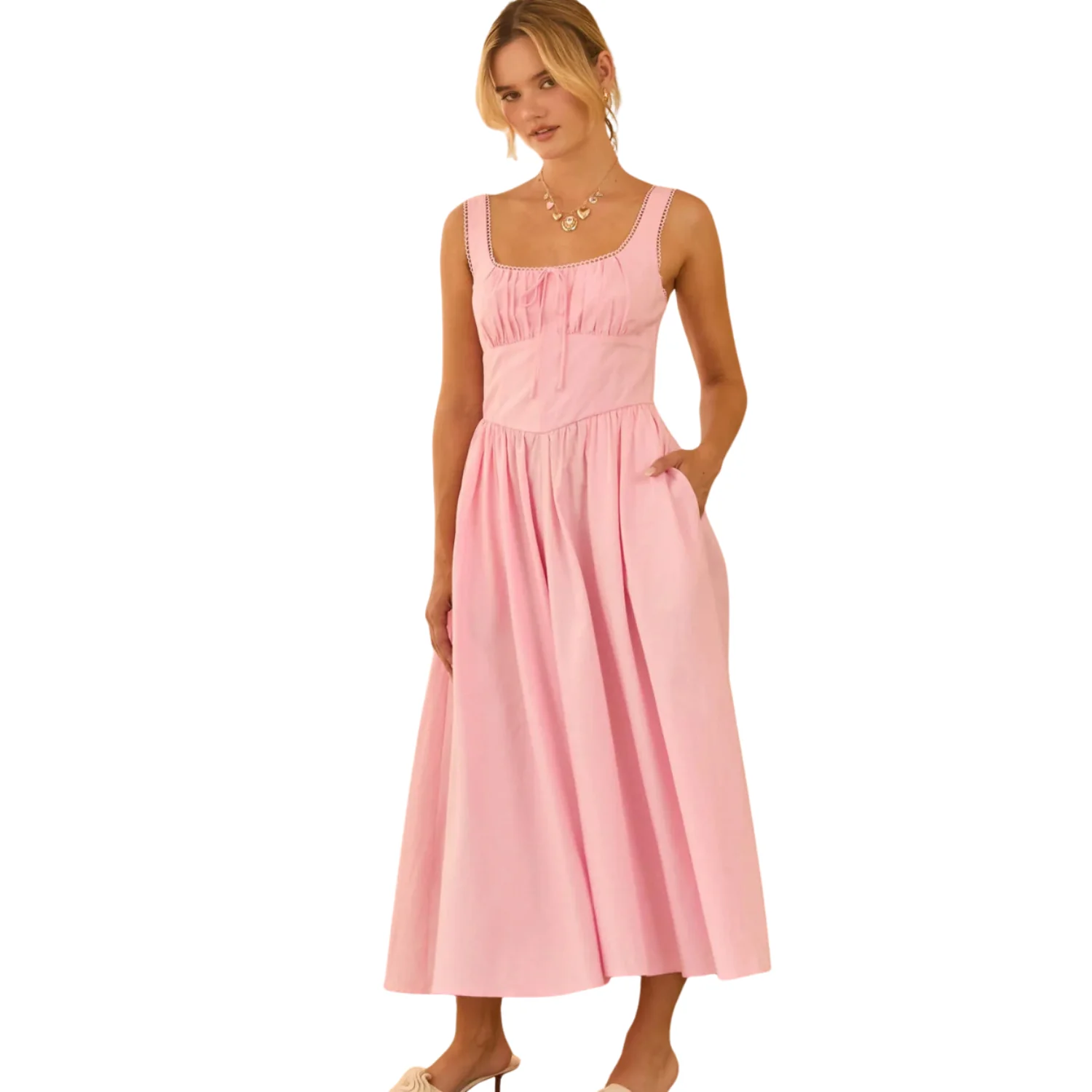 Sleeveless Square Neck Princess-Waist Midi Dress (Strawberry Milk) - Image 3