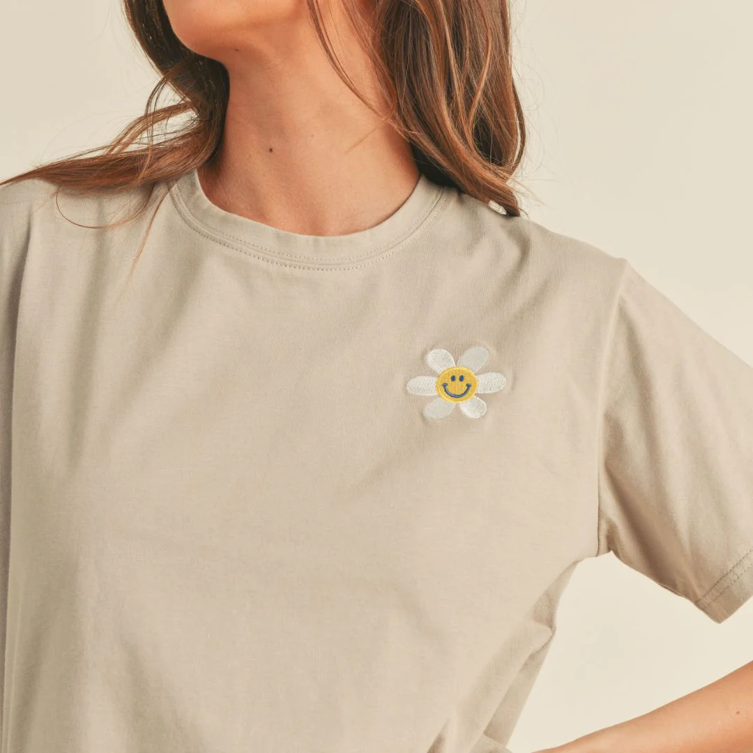 Smile Embroidered Detail Basic Top (Taupe) - Image 2