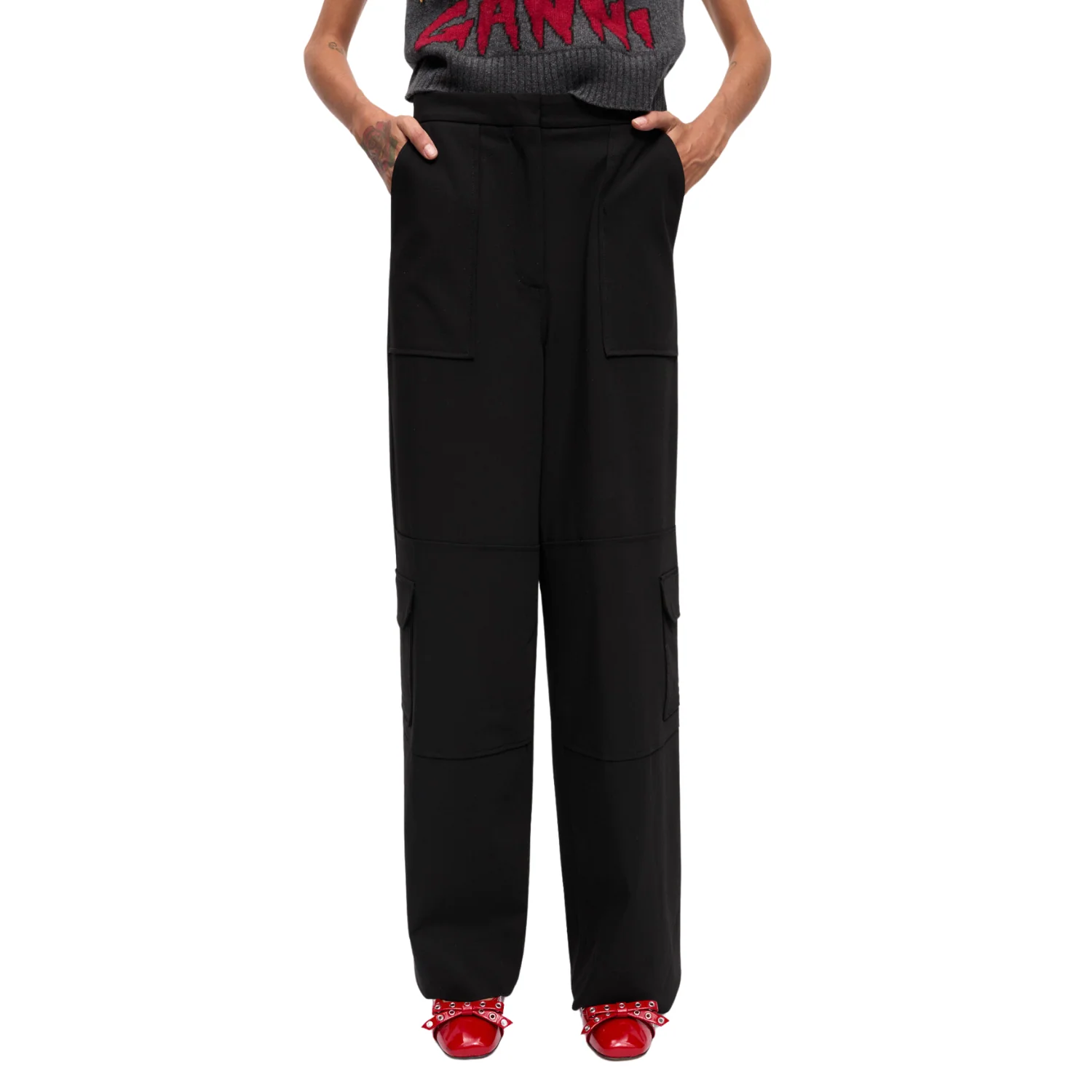 Solid Twill Suiting Cargo Pants (Black) - Image 2