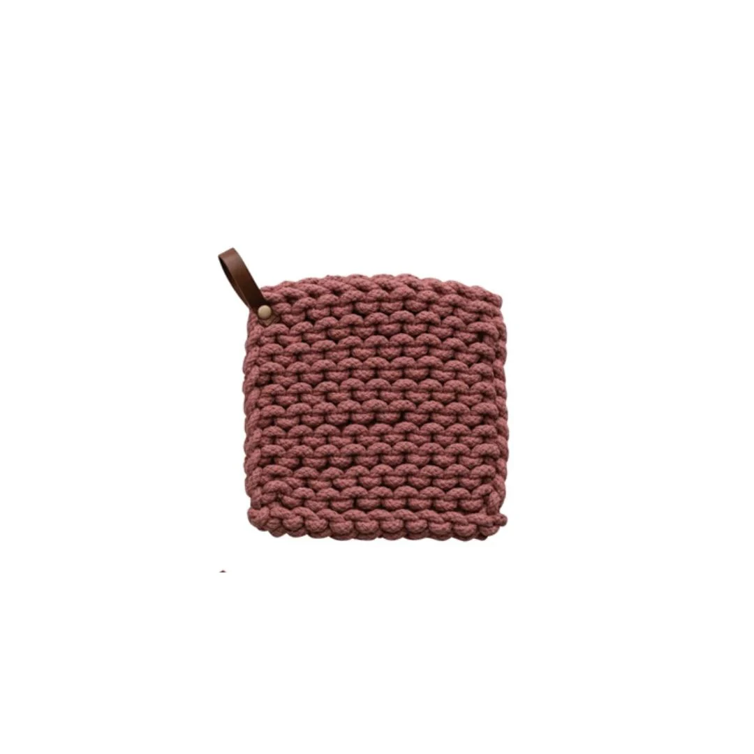 Square Cotton Crocheted Potholder With Leather Loop - Image 2