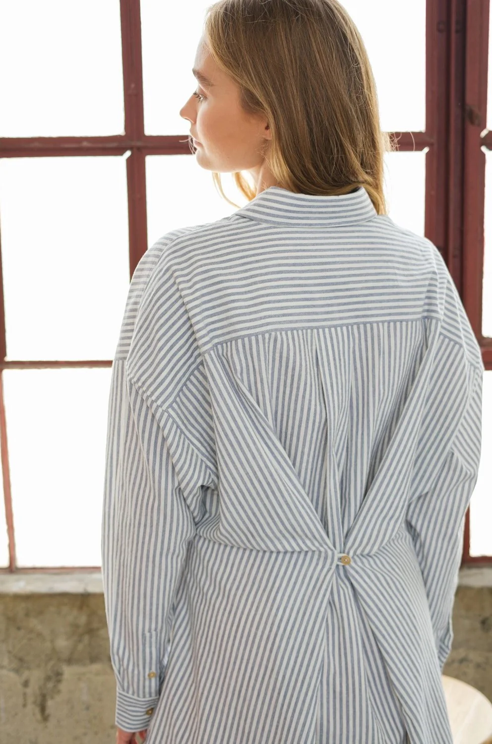 Stripe Side Wrap Button Down Dress (Blue) - Image 4