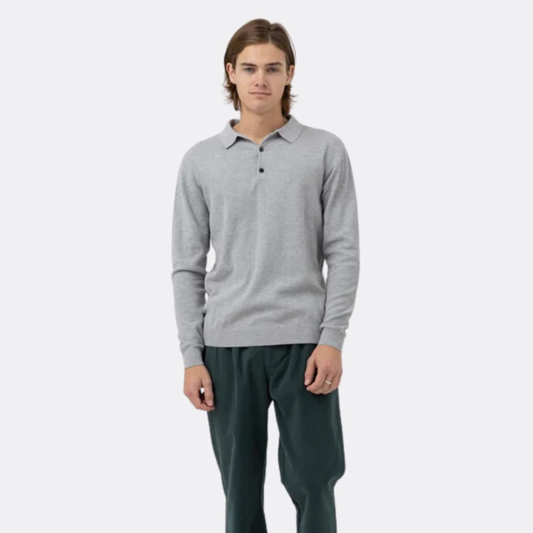 Textured Knit Long Sleeve Polo (Heather Grey)