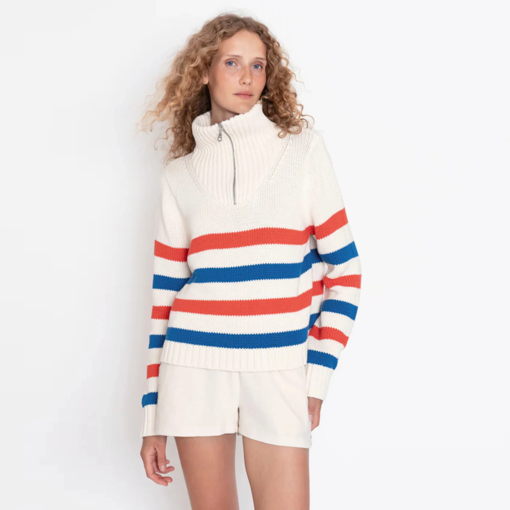 The Matey Cotton Quarter Zip Sweater (Cream + True Blue + Poppy)