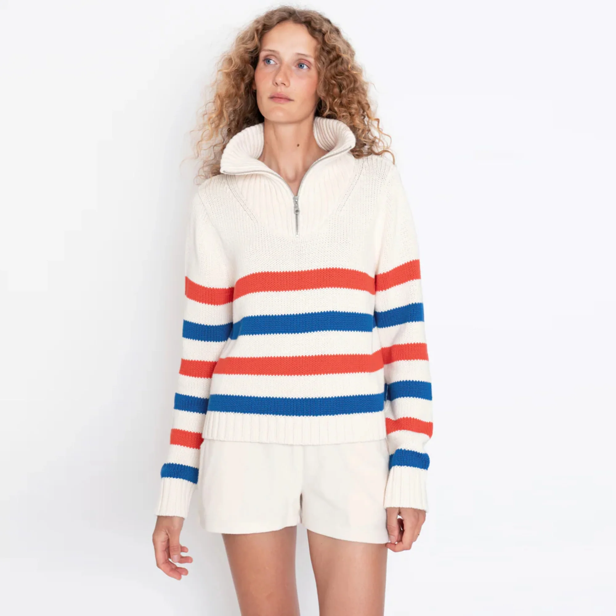 The Matey Cotton Quarter Zip Sweater (Cream + True Blue + Poppy) - Image 2