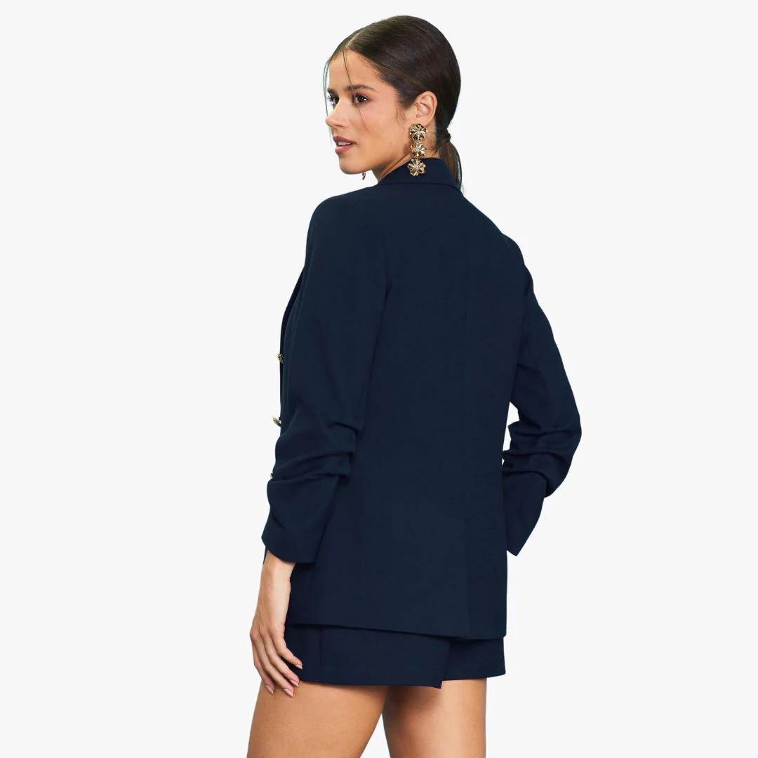 Three Quarter Sleeve Button Detail Blazer (Navy) - Image 2
