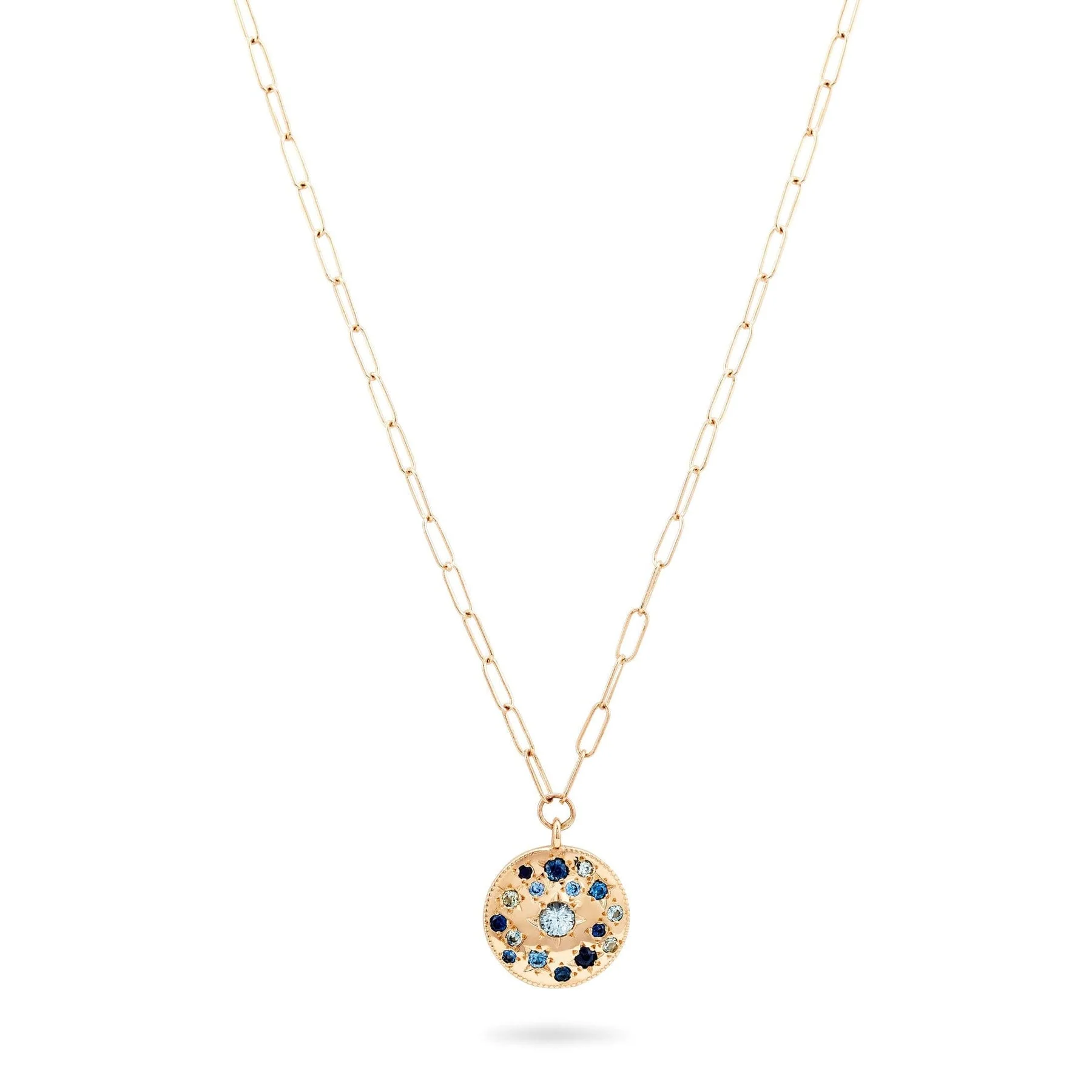 Tie Dye Moon Child Medallion Necklace (14K Gold + Blue Sapphire)