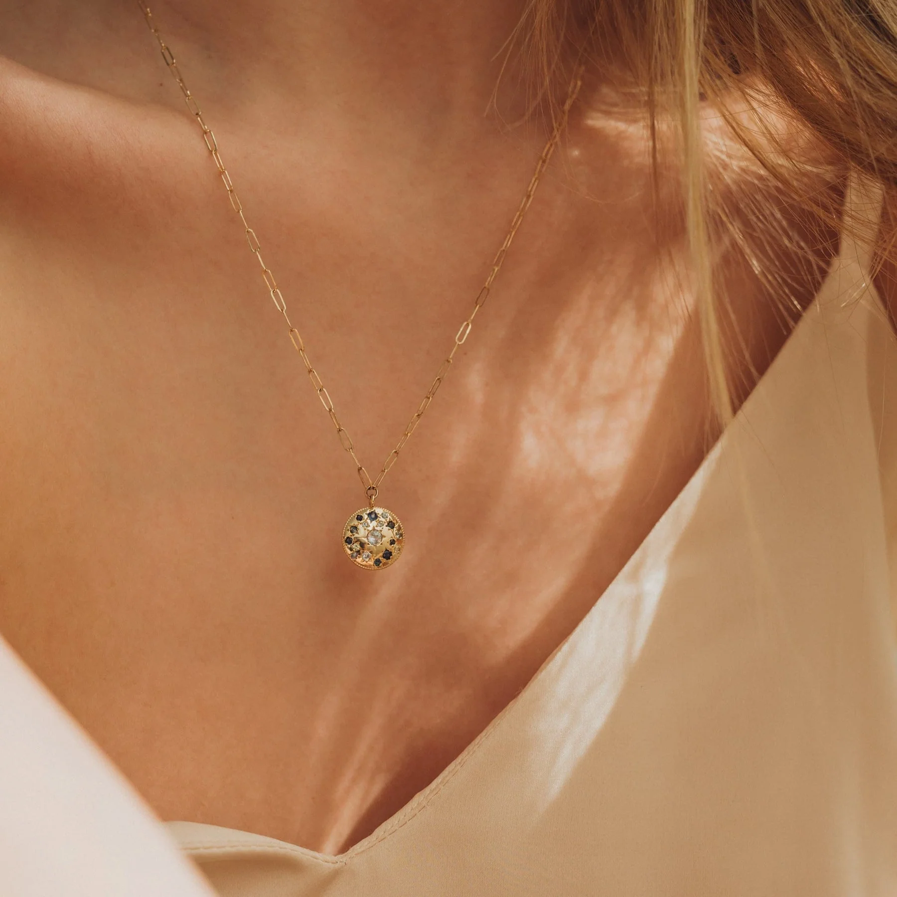 Tie Dye Moon Child Medallion Necklace (14K Gold + Blue Sapphire) - Image 2
