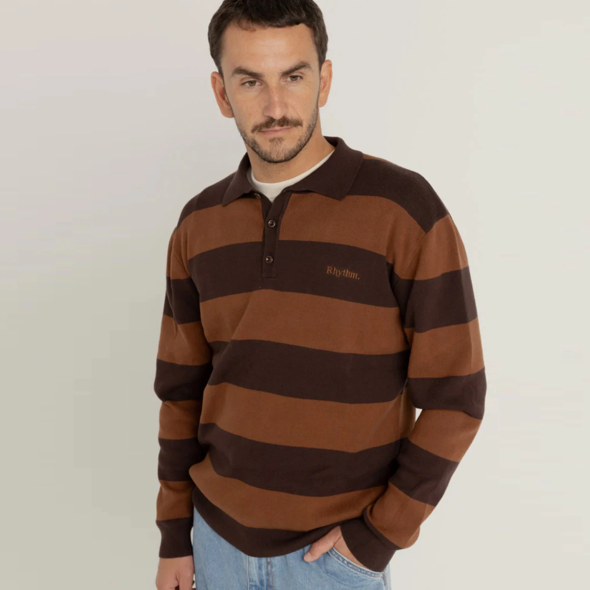 Ventura Stripe Knit Long Sleeve Polo (Café)