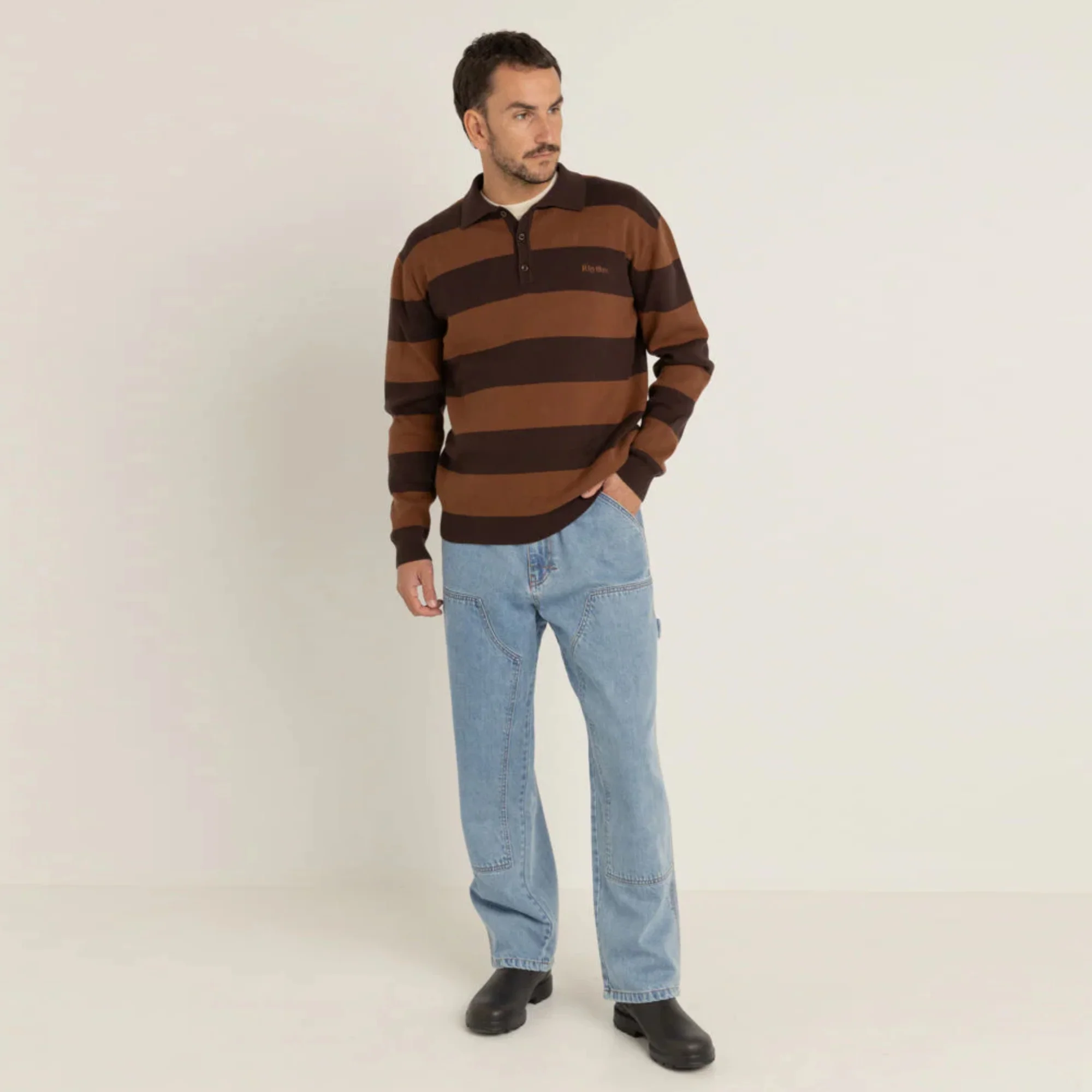 Ventura Stripe Knit Long Sleeve Polo (Café) - Image 3