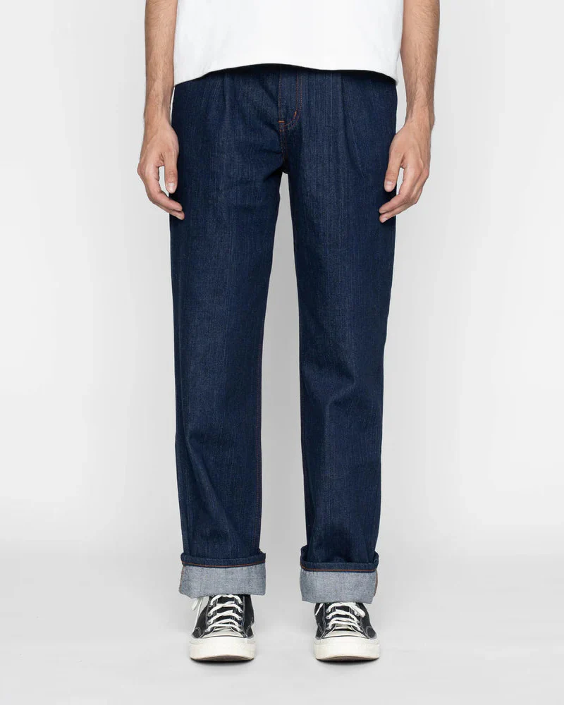 Vertical Slub Denim Pleated Trouser (Indigo)