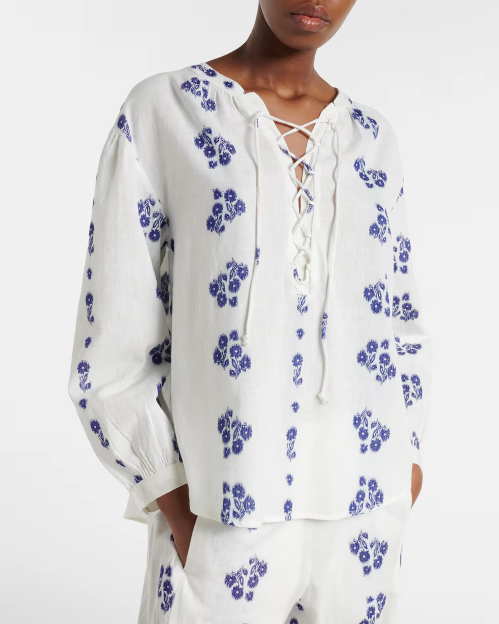 Winslet Floral Cotton Jacquard Top (Cream + Cobalt) - Image 2