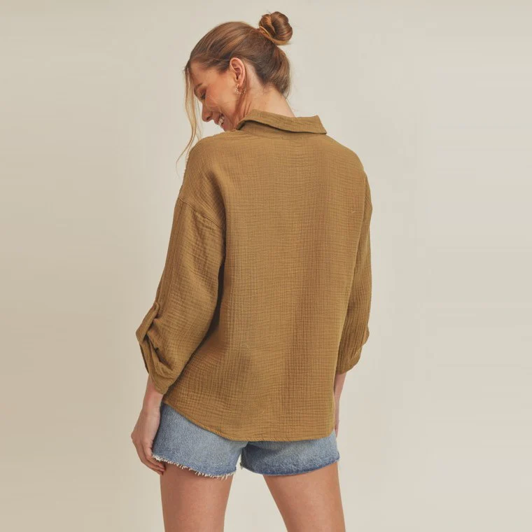 Woven Crinkle Button Down Shirt (Moss) - Image 2